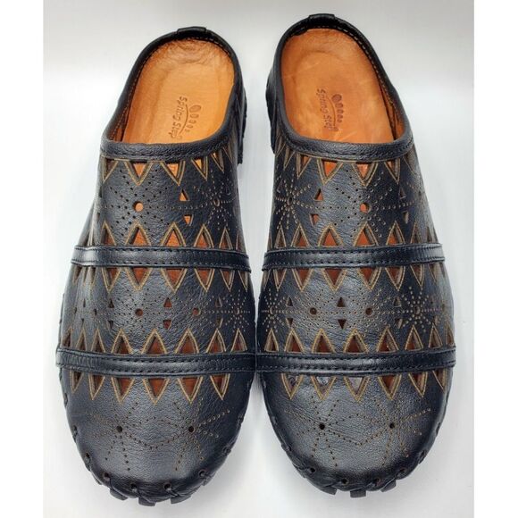 Spring Step FUSALIDE Black Leather Perforated Designed Slip On Statement Slide - Picture 2 of 15